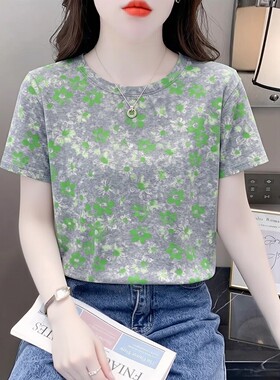 清新绿色碎花短袖 T恤女夏季宽松体恤女装圆领百搭2026新款上衣服