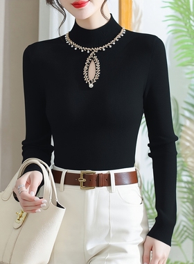 黑色半高领针织衫钉珠设计感秋冬内搭女毛衣修身气质打底衫上衣服