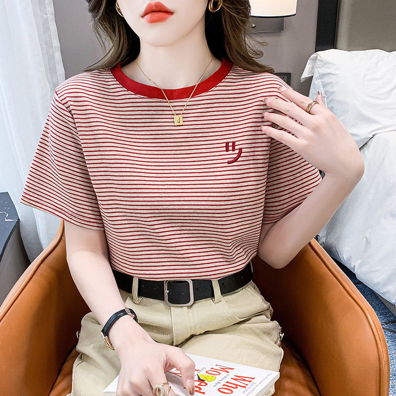 条纹短袖t恤女宽松韩版女装2025年夏季新款百搭体恤圆领半袖上衣