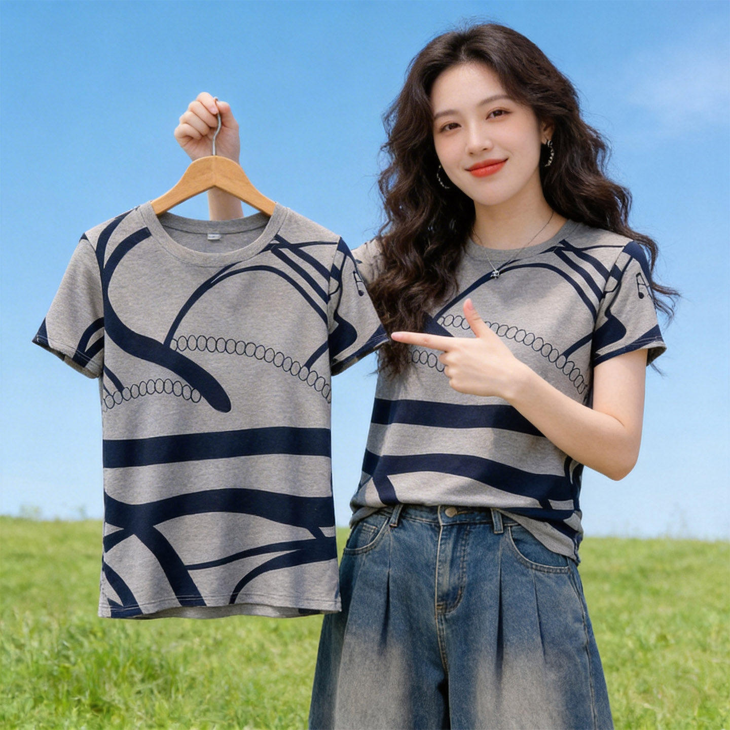 韩版宽松短袖t恤女2026年时尚印花设计感夏季女装新款上衣服夏装