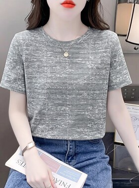 2026新款高级感地图印花短袖T恤女夏季灰色圆领宽松减龄百搭上衣