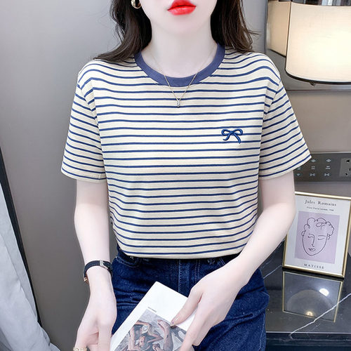 纯棉短袖t恤女2025新款时尚条纹半袖体恤衫夏季百搭宽松正肩上衣