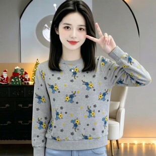 春秋碎花圆领套头卫衣女款秋季长袖上衣女2026年新款休闲外套女装