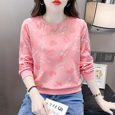圆领长袖t恤宽松粉色卫衣女新款