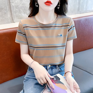 2025新款 短袖 条纹纯棉t恤女装 女夏季 爱心刺绣防晒服上衣百搭 韩版