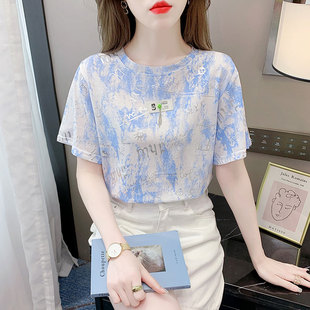 夏款 薄款 女装 t恤短袖 宽松字母印花休闲衣服 chic港味上衣2025新款
