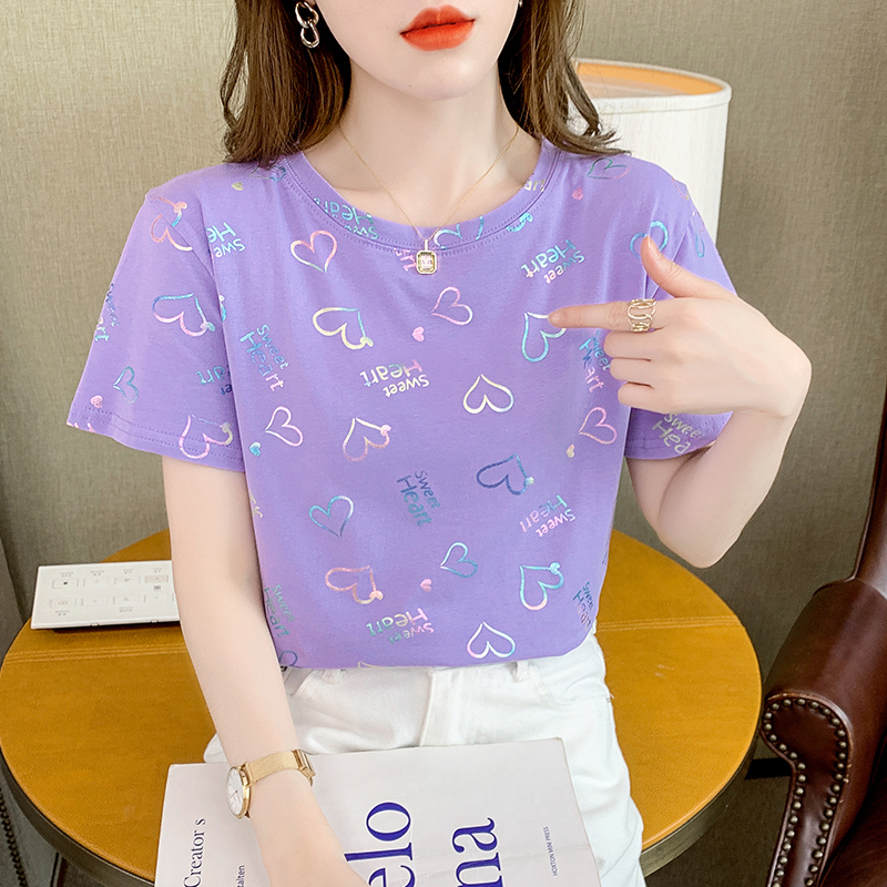 紫色爱心印花纯棉短袖t恤女半袖体恤2026年新款女装夏款宽松上衣