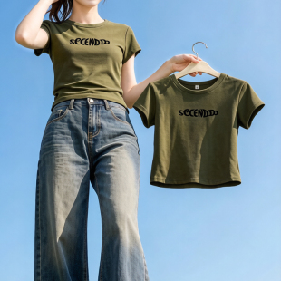 洋气减龄上衣 宽松显瘦体恤女装 军绿色字母印花短袖 T恤女2026夏季