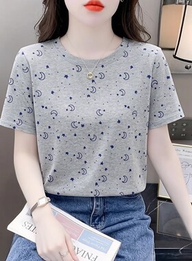 灰色星星月亮印花短袖T恤女ins潮夏季宽松百搭上衣2026年新款女装