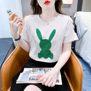 2026年夏装新款韩版钉珠镂空设计感短袖女装宽松百搭纯棉t恤女款