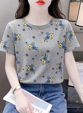 灰色碎花短袖T恤女2026今年新款体恤女装宽松显瘦百搭休闲上衣潮