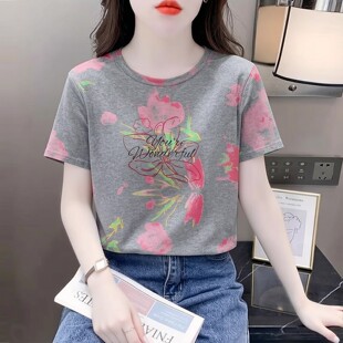 高街风印花短袖正肩t恤女夏季2026新款宽松显瘦体恤百搭洋气上衣