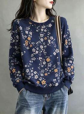 藏青色碎花圆领新款卫衣女款