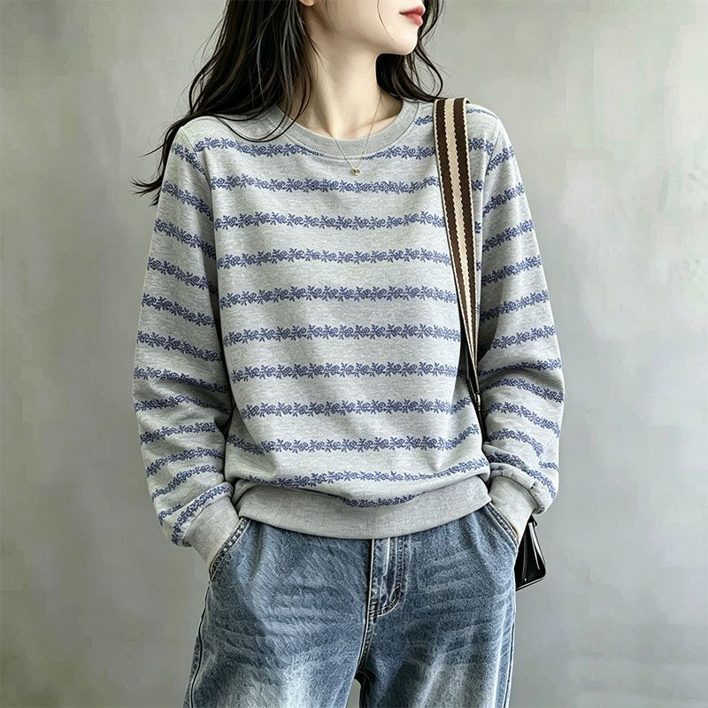 蓝花横条纹卫衣女春秋2026新款圆领上衣宽松显瘦秋季百搭长袖外套