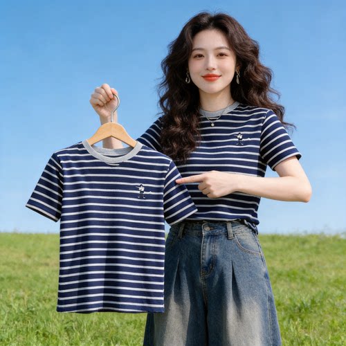 夏日女装宽松条纹短袖t恤女上衣