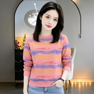 彩虹条纹圆领卫衣女款2026新款秋季独特漂亮巨好看长袖上衣春秋款