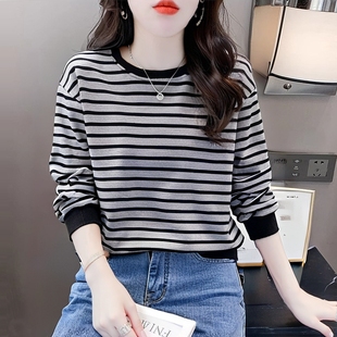 时髦好看女士上衣 外套女装 圆领条纹卫衣女2026新款 宽松慵懒风春季