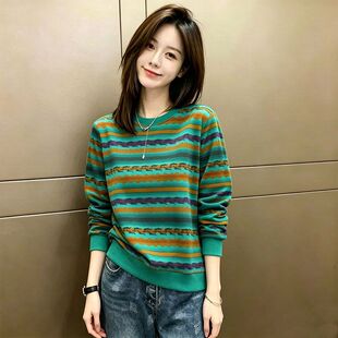 多彩条纹卫衣女春秋新款宽松显瘦圆领长袖上衣民族风百搭秋季外套