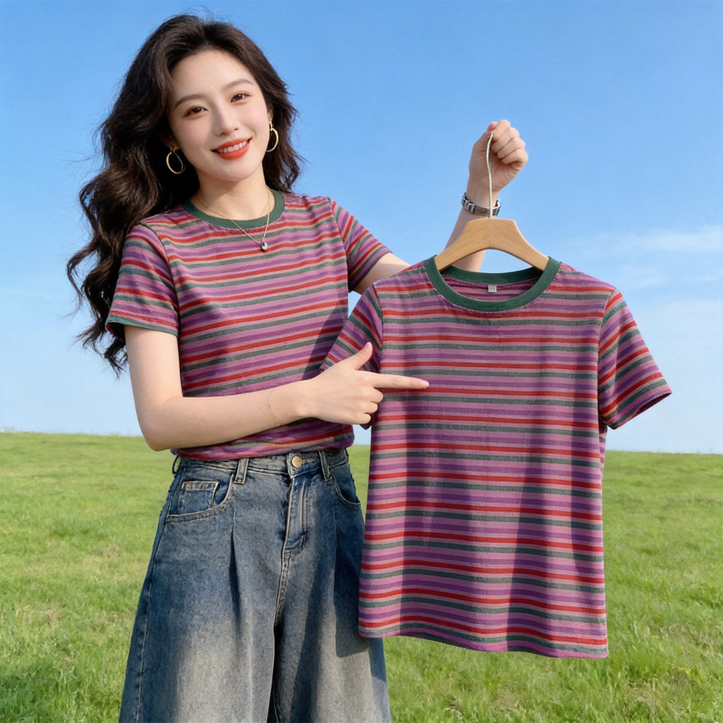 宽松条纹短袖t恤女夏季显瘦圆领好看上衣2026新款减龄百搭体恤衫
