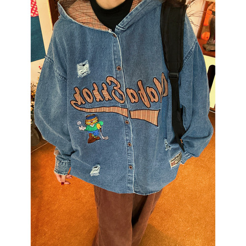 C2自制/加菲猫卡通刺绣连帽牛仔衬衫男女设计感宽松外套秋冬新款