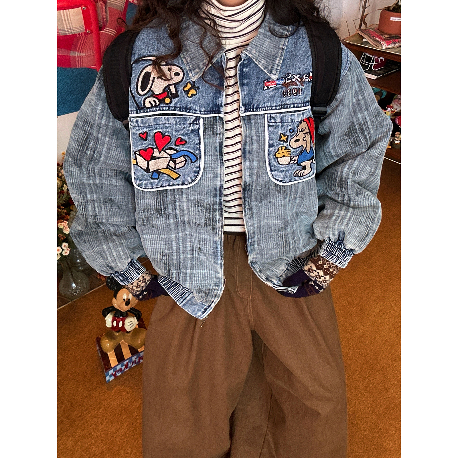 【新品买二送一】美式复古卡通刺绣牛仔棉服男女宽松潮牌夹克外套