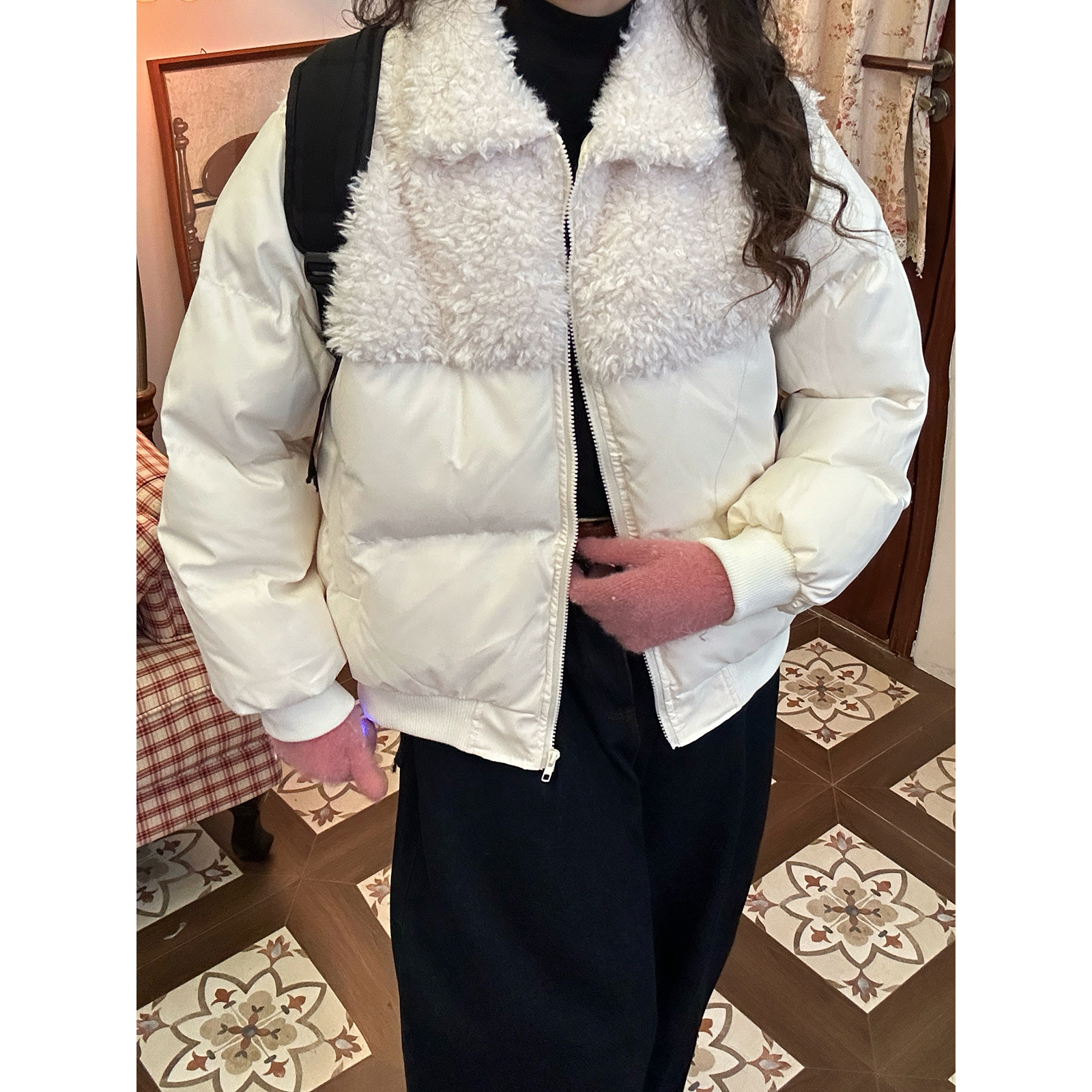 C2自制/美式复古羊羔毛拼接翻领棉服男女秋冬新款百搭面包服外套