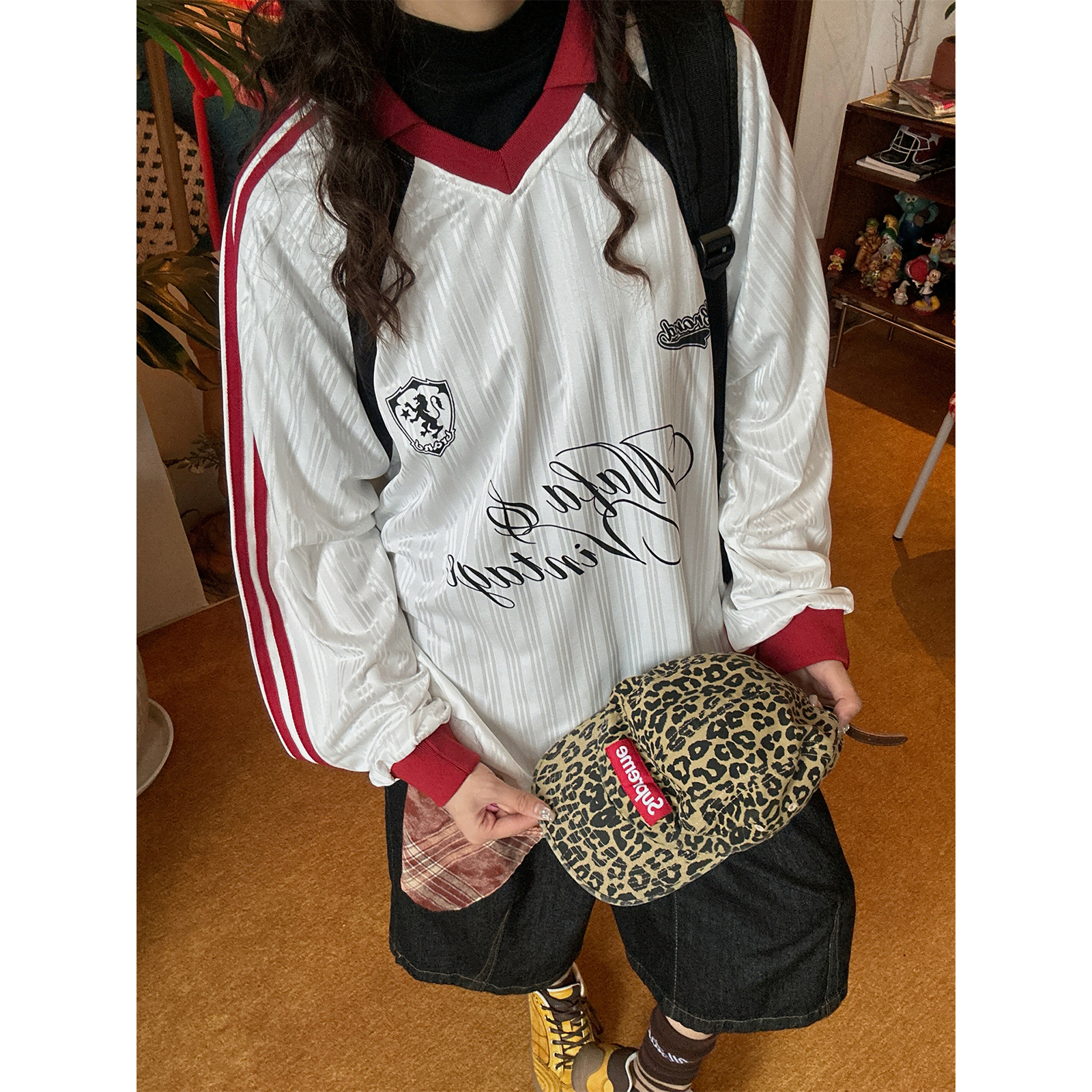 C2自制/美式复古小众字母运动长袖T恤男女秋季V领潮酷机车风上衣