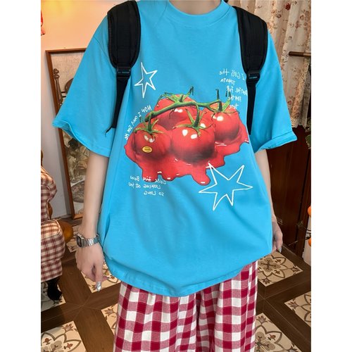 C2自制/美式复西红柿印花短袖T恤C女夏季慵懒风圆领宽松圆领上衣