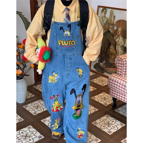 C2自制/秋季美式复古卡通刺绣牛仔背带裤男女宽松显瘦阔腿裤长裤