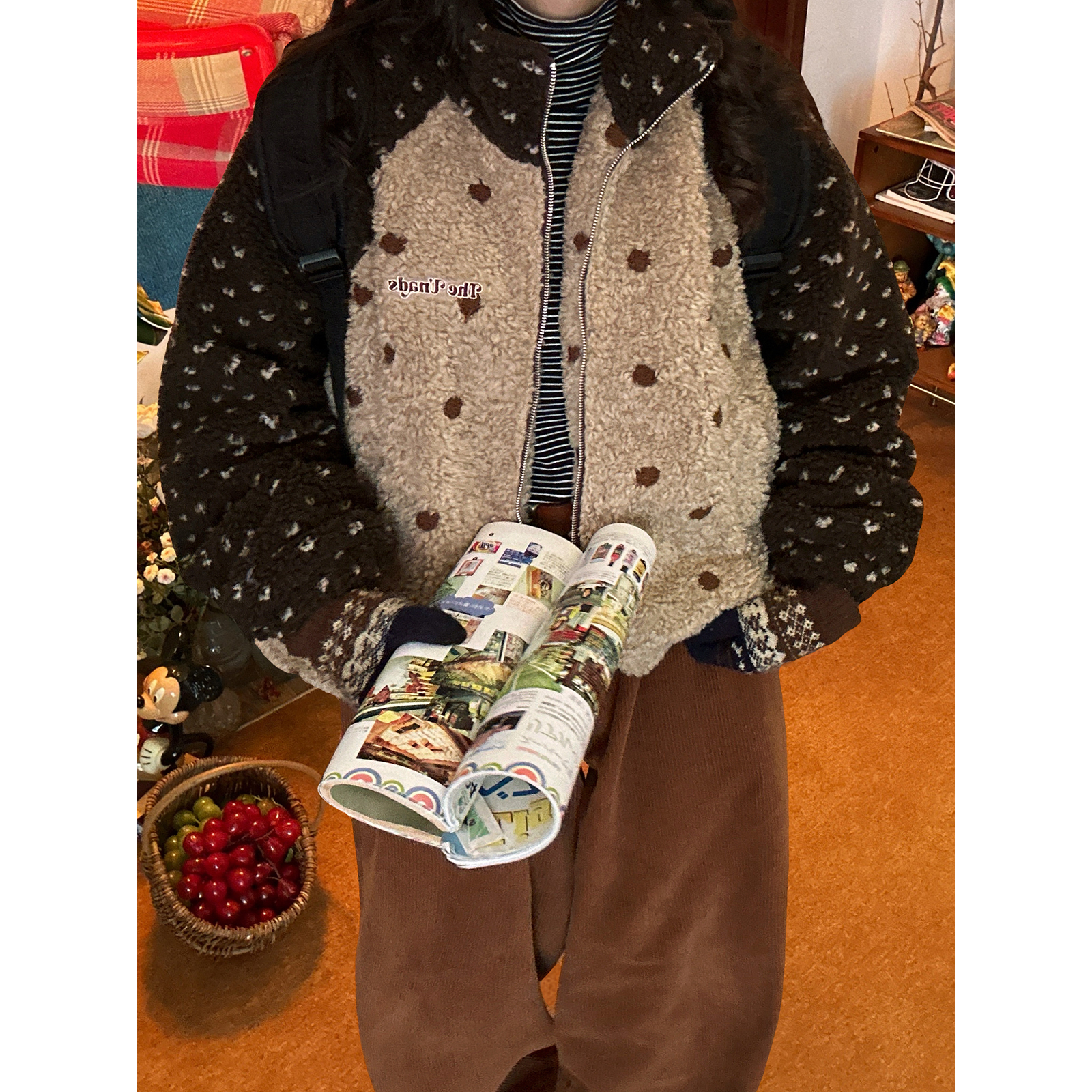 【新品买二送一】美式复古圆点撞色拼接棉衣女羊羔毛立领保暖外套