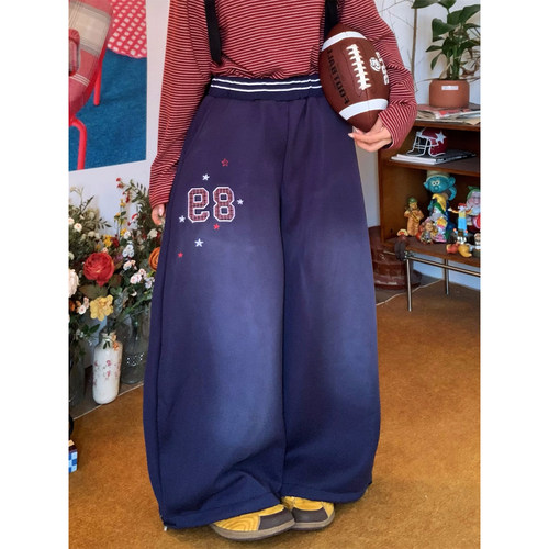 【新品买二送一】美式复古卫裤女高腰宽松阔腿弯刀裤休闲裤运动裤