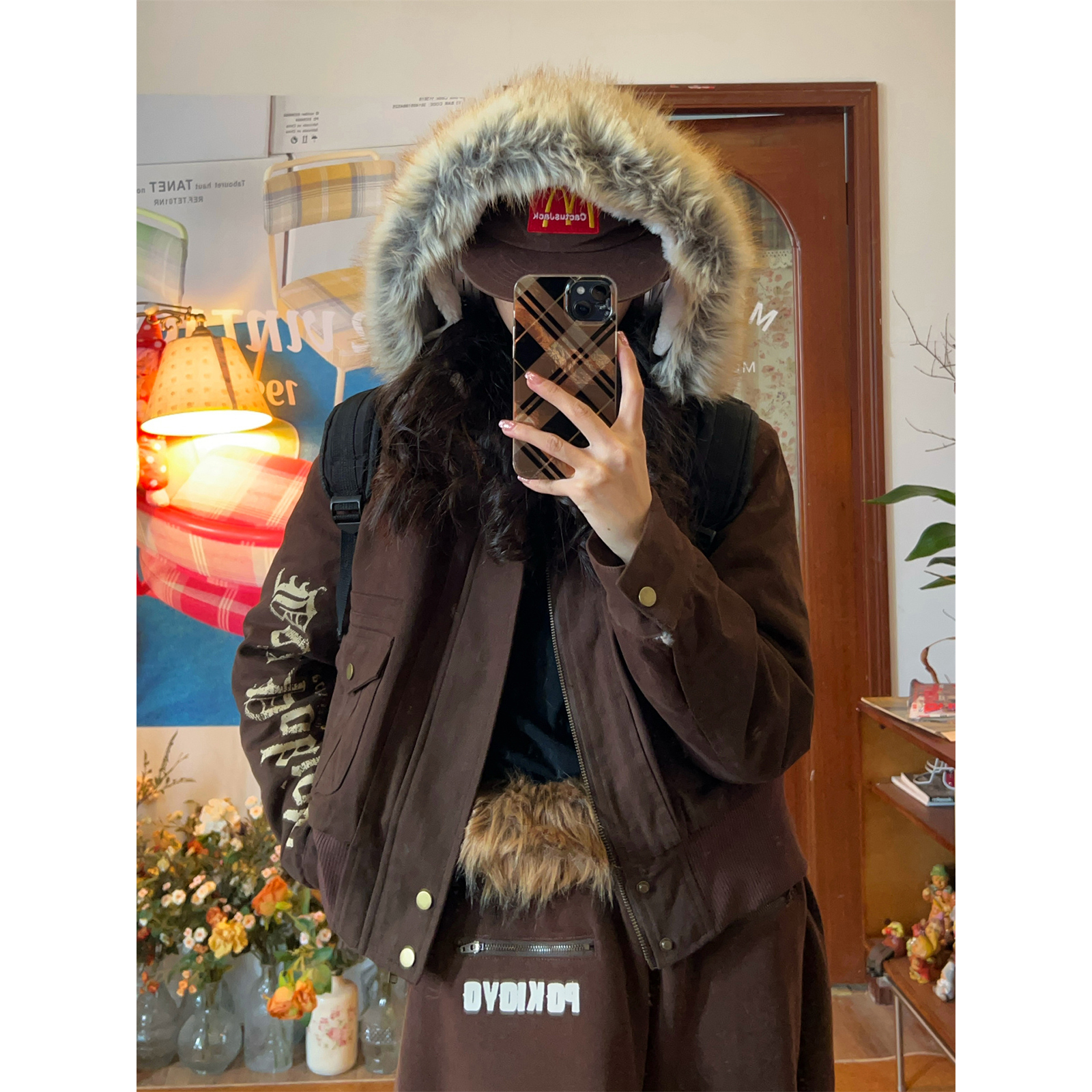 C2自制/美式街头复古毛领连帽棉服男女同款宽松加厚秋冬保暖外套