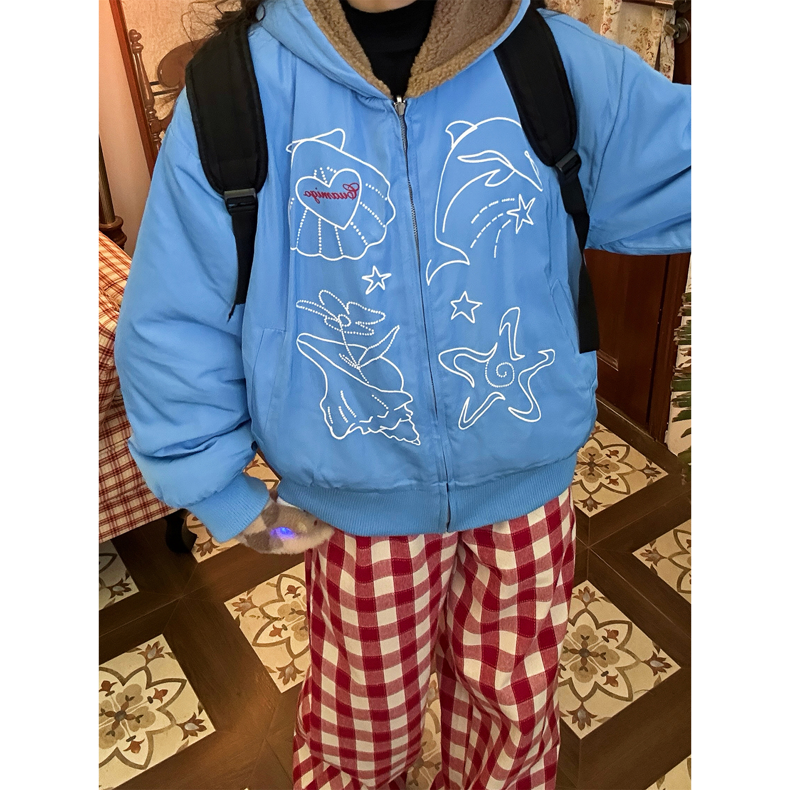 C2自制/复古卡通双面穿连帽棉服男女同款冬季宽松加绒羊羔毛外套