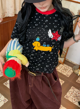 【新品买二送一】美式卡通风短袖T恤女小狗印花圆领撞色百搭上衣