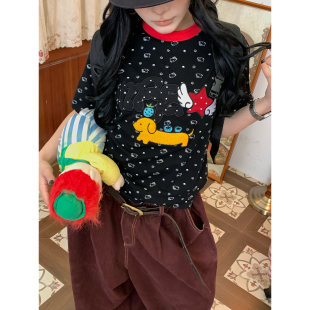 新款 C2自制 T恤女26夏季 卡通风短袖 小狗印花圆领撞色百搭上衣 美式