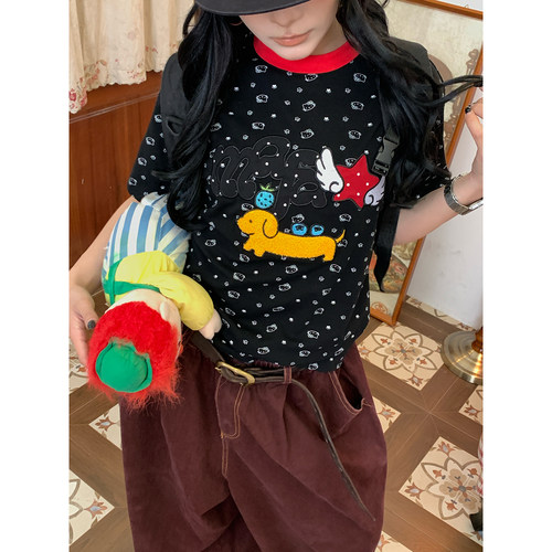 C2自制/美式卡通风短袖T恤女26夏季新款小狗印花圆领撞色百搭上衣