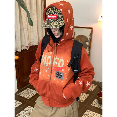 C2自制/美式复古风连帽拉链开衫卫衣女宽松字母印花外套秋季新款