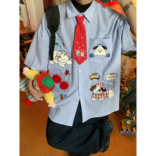 C2自制/星星满印格纹短袖衬衫男女卡通刺绣宽松百搭上衣夏季新款