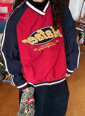 C2自制/美式复古撞色拼接V领棒球服卫衣202026年春季新款女上衣潮
