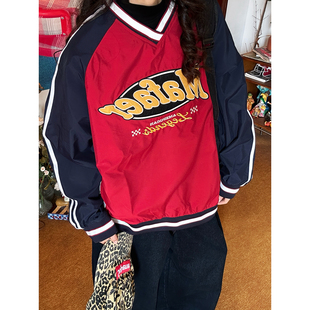 C2自制/美式复古撞色拼接V领棒球服卫衣202026年春季新款女上衣潮