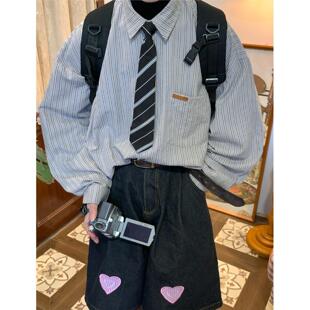 衬衫 C2自制 复古条纹长袖 美式 男女百搭宽松打底上衣领带 春秋新款