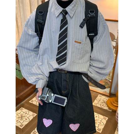 C2自制/春秋新款美式复古条纹长袖衬衫男女百搭宽松打底上衣领带