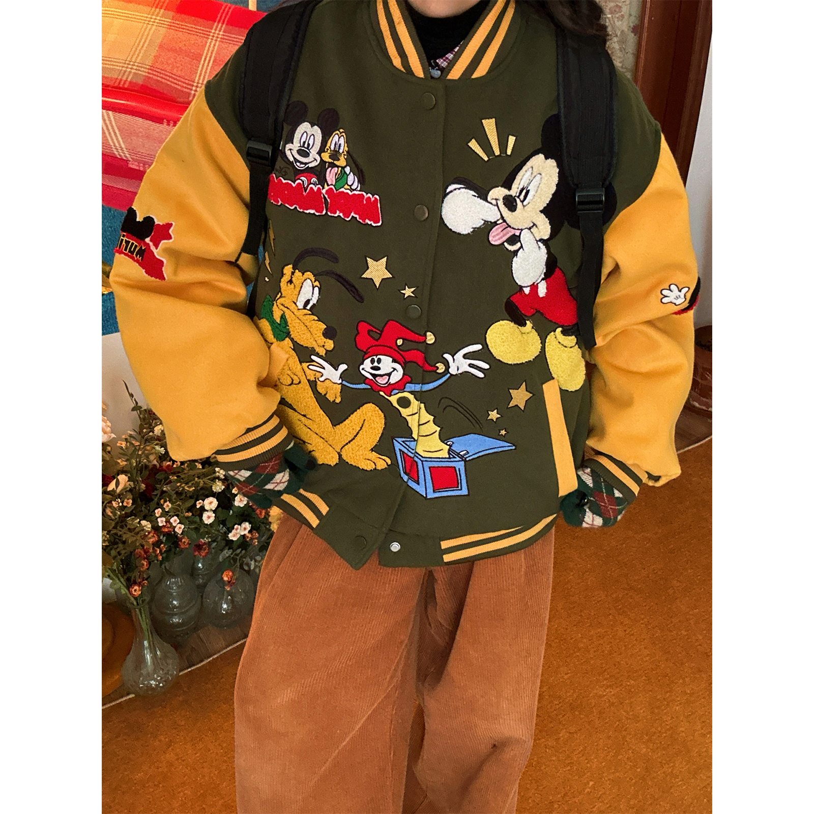 C2自制/美式复古重工卡通刺绣棒球服棉服男女同款冬季棉衣外套潮