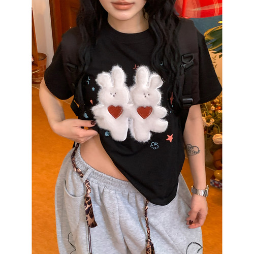 C2自制/卡通风毛绒兔子短袖T恤女黑色显瘦百搭减龄夏季新款上衣潮