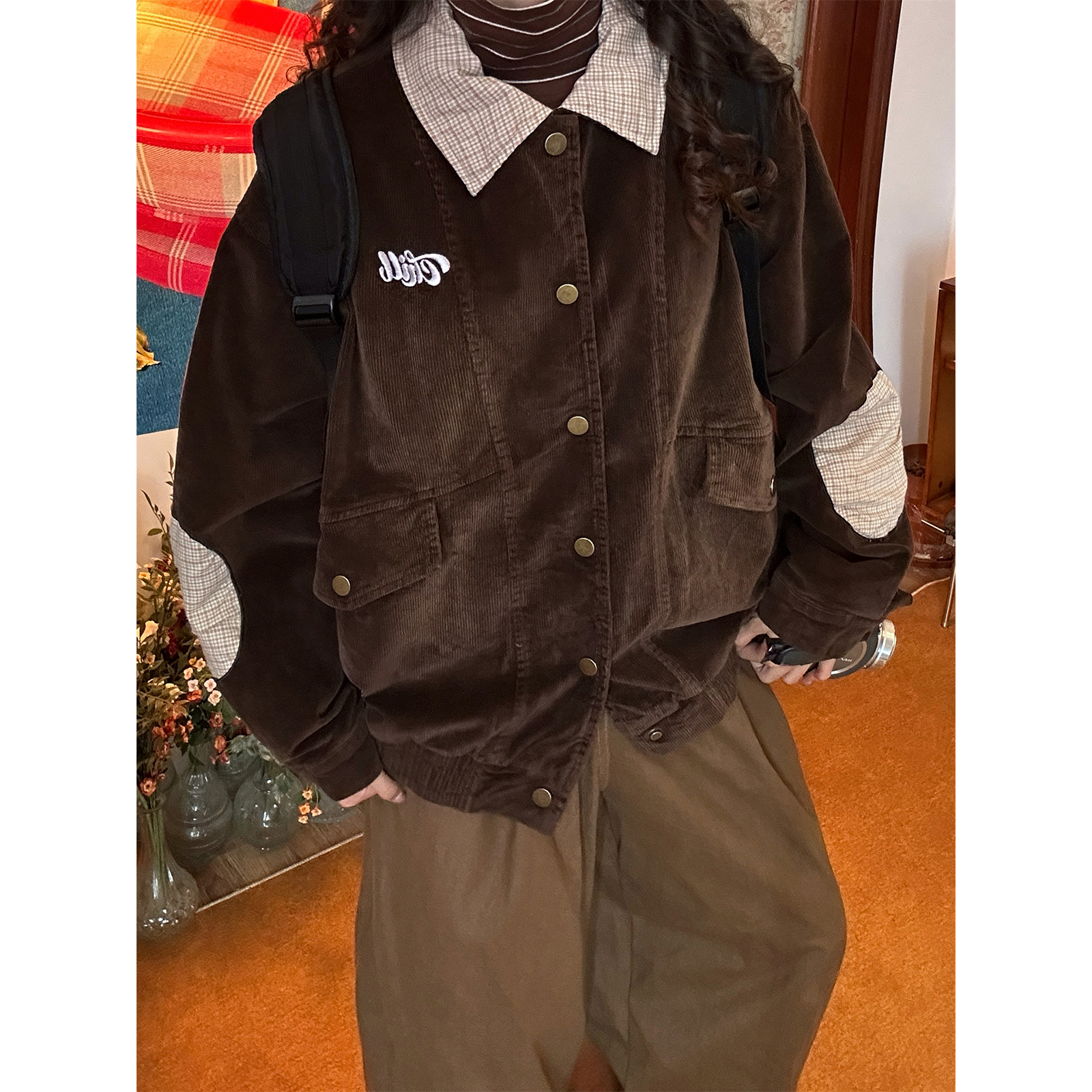 C2自制/复古格子拼接灯芯绒夹克外套男女同款秋冬款街头风上衣潮