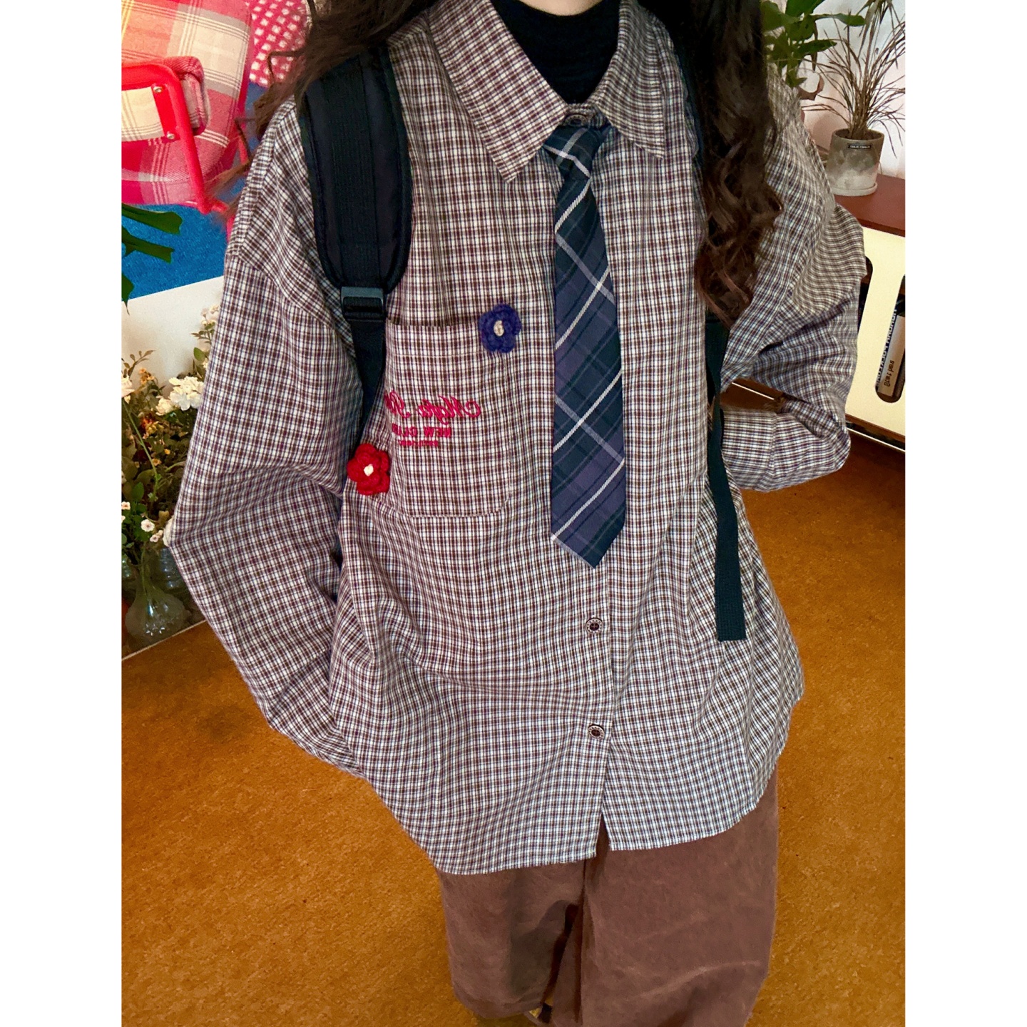 C2自制/美式复古秋格子刺绣长袖衬衫男女同款宽松休闲百搭上衣潮