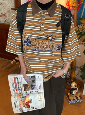 C2自制/美式豹纹刺绣条纹Polo衫短袖T恤夏季男女宽松百搭休闲上衣