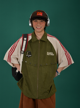 C2自制/美式复古撞色拼接刺绣短袖衬衫麂皮绒夏季宽松双杠半袖潮