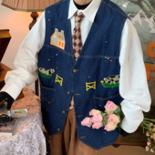 C2自制 外搭宽松马夹潮 古着风奶牛喷漆复古百搭牛仔背心马甲秋季