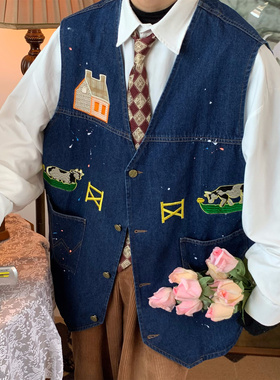 C2自制/古着风奶牛喷漆复古百搭牛仔背心马甲秋季外搭宽松马夹潮